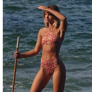 New Free People x Beth Richards Gina Halter One-Piece Geo Swimsuit $250 LARGE
